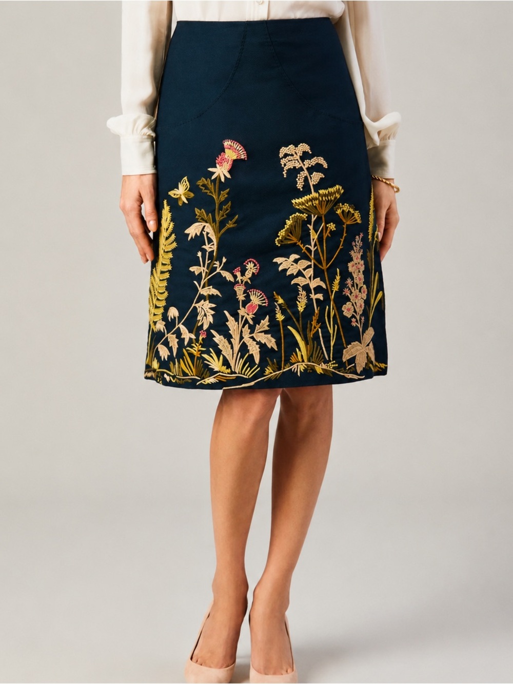 Brooks Brothers Dark Teal Gold Pink Botanical Embroidered Cotton Canvas Skirt 0P